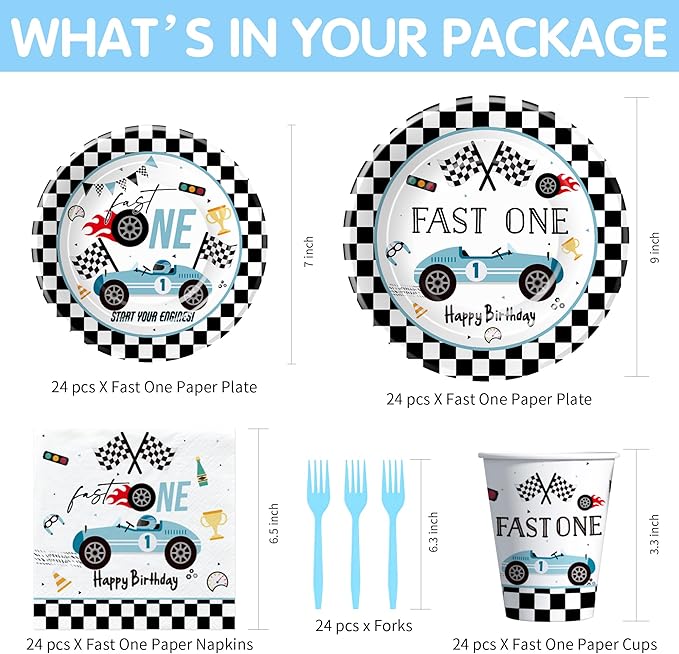 Race Car 1st Birthday Party Supplies - Fast One Plates And Napkins Decorations Boys Tableware, Plate, Cup, Napkin, Fork, Blue Race Car One-Year-Old Decorations | Serve 24