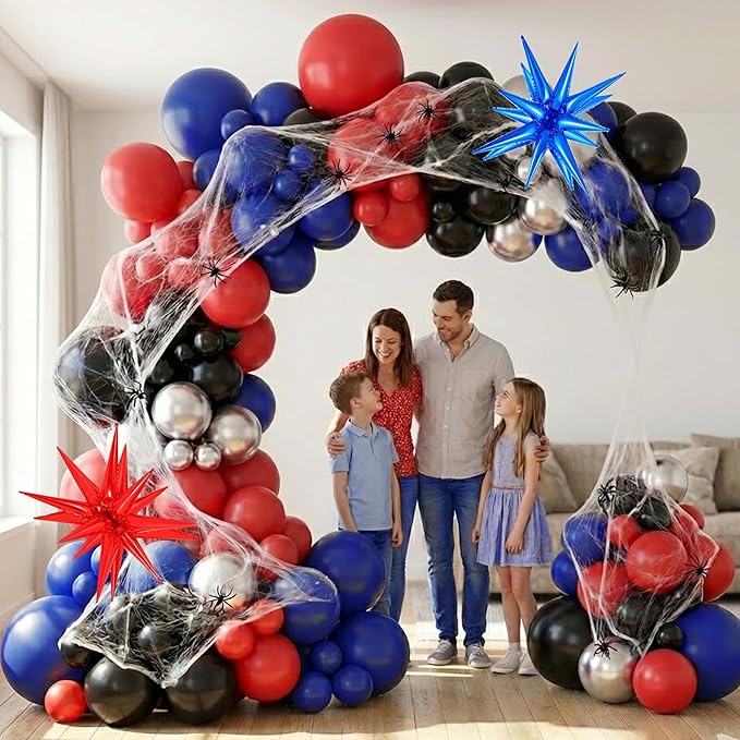 105Pcs Birthday Decorations for Boys, Red Blue Black Silver Balloon Garland Arch Kit with Starburst Foil Balloons for Kids City Defender Comic Vibe Baby Shower Party Supplies