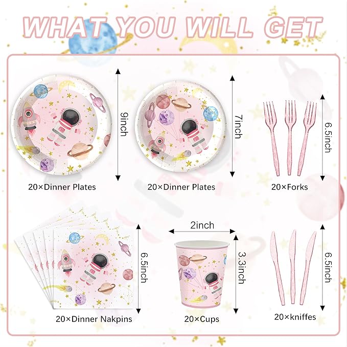 120PCS Space Party Supplies for Girls Baby Shower 1st 2nd Birthday Party Decorations Pink Moon Star Outer Space Planet Theme Plates Napkin Cups Forks Knives Tableware Set for 20 Guests