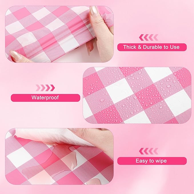 Kochorie 54 Inch x 300 Ft Light Pink Checkered Plastic Table Cloth Roll Disposable Waterproof Table Cover Plastic Table Cover Roll with Easy Slide Cutter for Outdoor Picnic/Home Dining/Spring Party