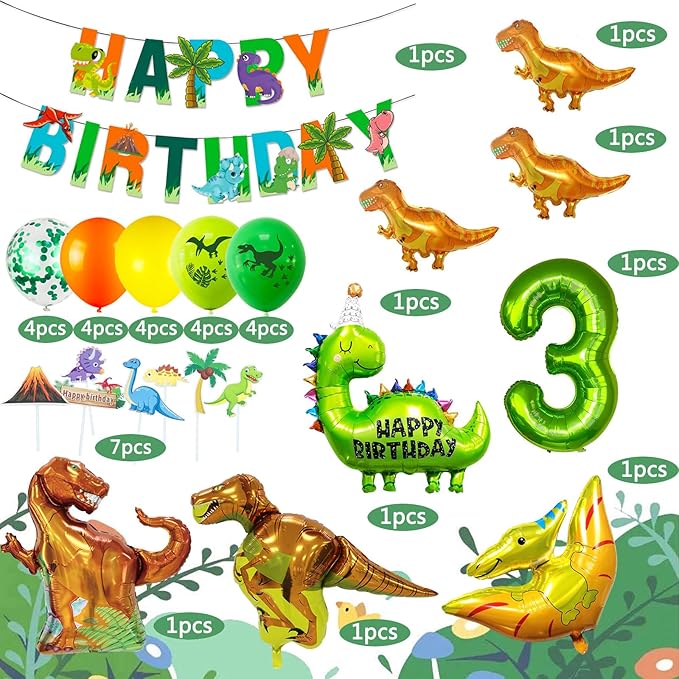 Dinosaur Birthday Party Supplies for Boys and Girls - Decorations Include Foil Balloons, Banner, Cake Topper - 3 Year Old Theme