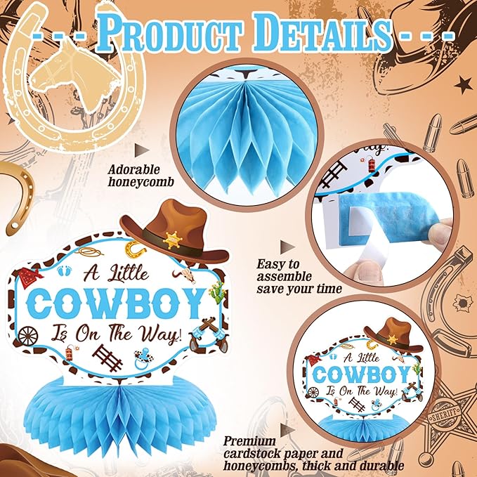 12 Pcs Cowboy Baby Shower Decorations a Little Cowboy Is on the Way Honeycomb Centerpieces Western Baby Shower Decorations Western Table Topper Table Decoration for Birthday Party Favors