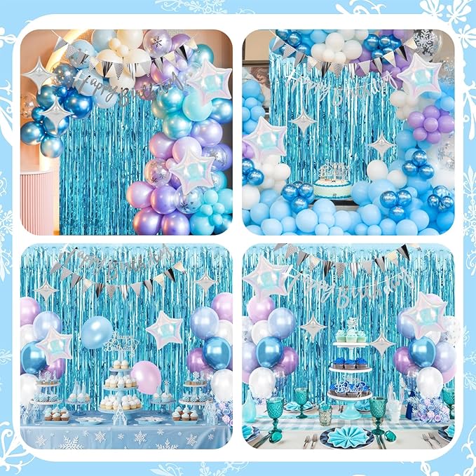 Snow Birthday Decorations for Girl, Blue Purple White Balloons with Happy Birthday Banner Fringe Curtain Iridescent and Silver Star Foil Balloons for Baby Shower Girls Theme Party Supplies