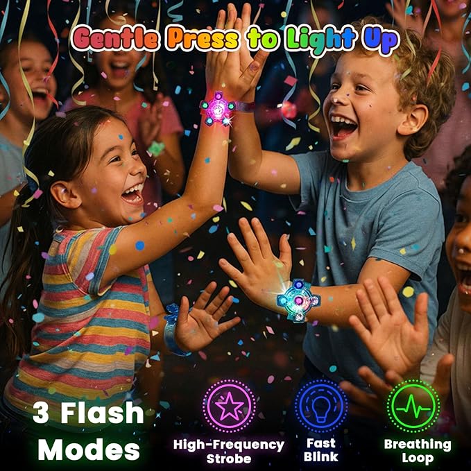 LovesTown 24 Pack LED Light Up Fidget Spinner Bracelets for Kids Ages 3-12, 6 Styles Party Favors Pack, Stocking Stuffers Easter Birthday Goodie Bags, Party Size