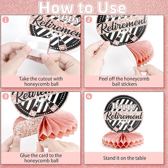 10 Pcs Retirement Party Decorations, Retirement Table Decorations for Women Rose Gold Happy Retirement Decorations Table Honeycomb Centerpieces