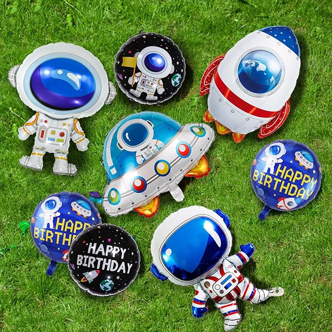 8 Pcs Space Balloons 33 Inch Astronaut Mylar Airship Planet Rocket Galaxy Foil Balloons for Outer Space Galaxy Themed Birthday Party Decorations