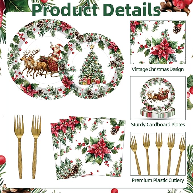 100 Pcs Vintage Christmas Tableware Party Supplies, Serves 25, Disposable Retro Santa Sleigh and Tree Paper Plates, Napkins, and Forks, Holiday Dinner, Winter Wonderland, Xmas Party Decorations