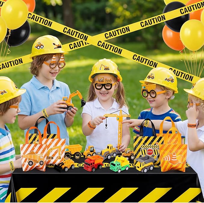 Sratte 148 Pcs Construction Birthday Party Supplies Include 12 Construction Hat, 24 Truck Toy, 24 Vehicle Sticker, 12 Silicone Bracelet, 12 Goodie Bag, 12 Paper Glasses, 50 Shovel, 1 Tablecloth 1 Tape