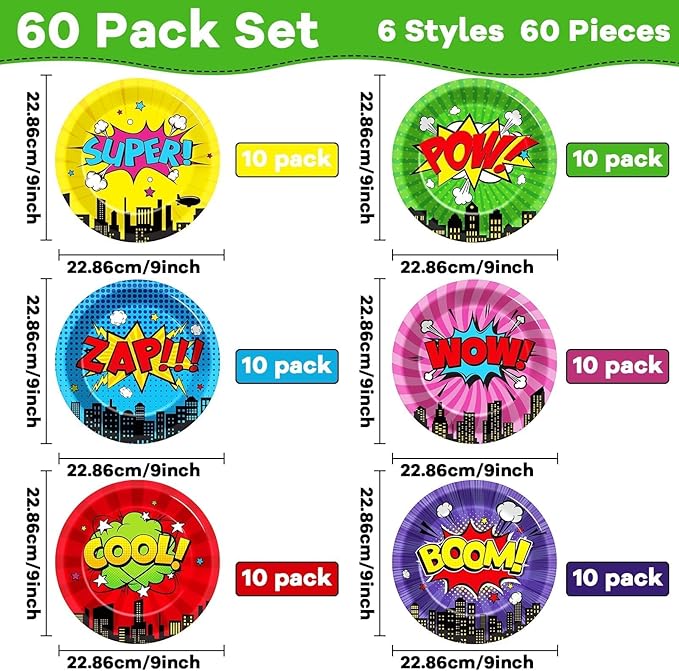 CHUNNIN 60 Pcs Super Theme Hero Party Plates for Birthday Party Decorations 9in Super Theme Hero Paper Plates Disposable Colorful Paper Plate for Kids Home Birthday Event Supplies