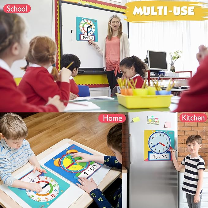 Magnetic Writable Dry Erase Learning Clock | Clock for Kids Learning to Tell Time | Large 12" Demonstration Teaching Time Practice Clock with Dry Erase Writing Surface | Pen Included | (Rainbow)