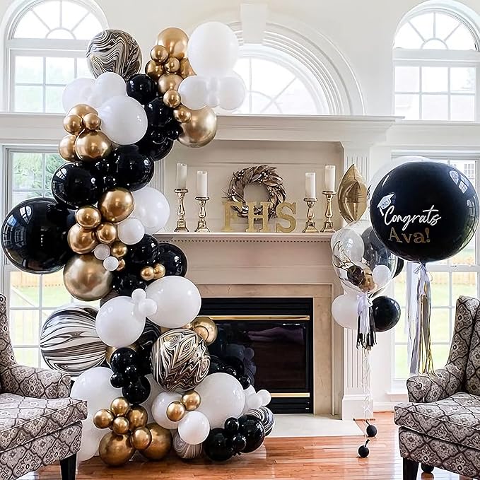 Black and Gold Balloon Arch Garland Kit-2025 New Years Balloons NYE Party White Metallic Marble Foil Balloons for Birthday Graduation Wedding Baby&Bridal Shower Retirement Bachelorette Anniversary