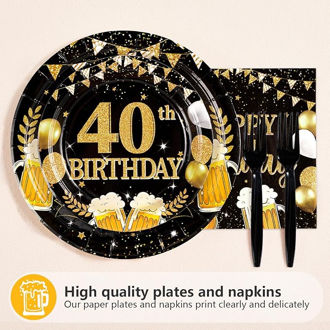 96Pcs 40th Birthday Party Supplies Black Gold Plates and Napkins Tableware Sets Cheers and Beers to 40 Years Decorations Favors for Men Women 40 Years Old Birthday Dinner Holiday Party Serves 24
