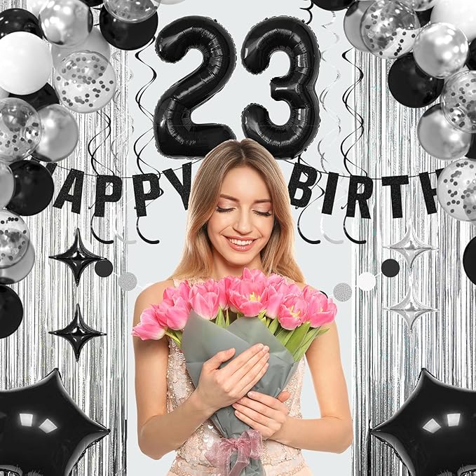 23th Birthday Decorations for Boys Girls, Silvery and Black Happy 23th Birthday Banner,Number 23 Balloons Arch Kit for 23 year old Birthday Party Decorations