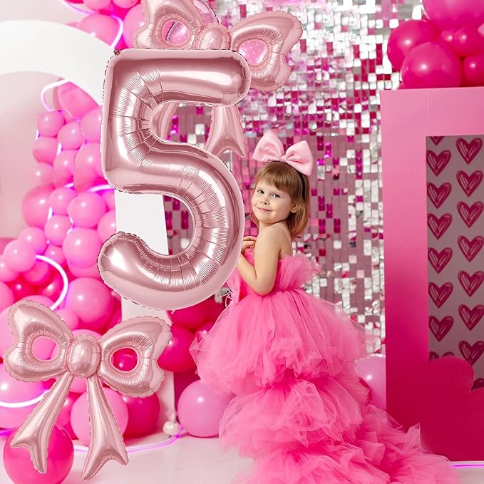 Bow Number 5 Birthday Balloons, 40" Pink Aluminum Foil Balloons Happy Birthday Balloon for Girl 5th Birthday Party, Princess, Coquette Party Decorations Supplies
