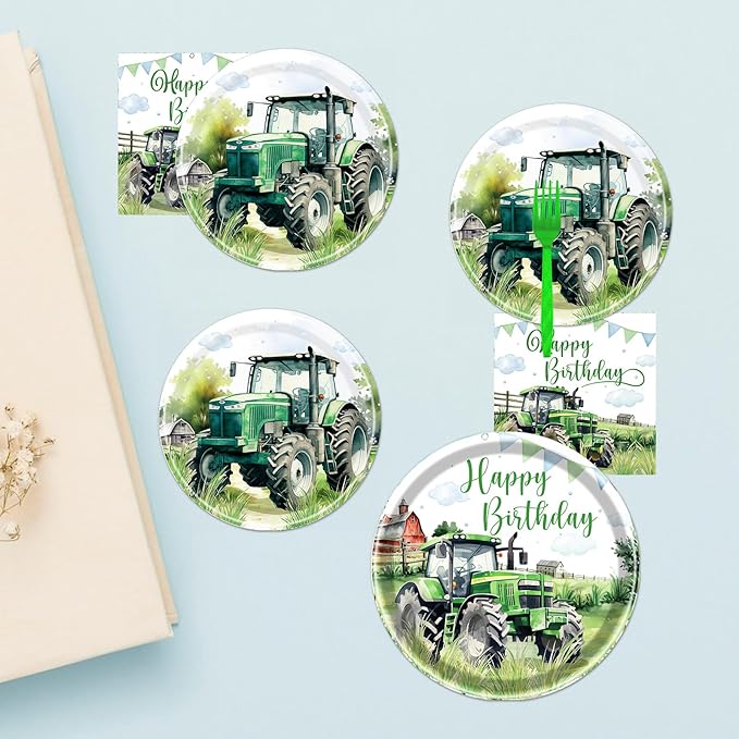 Rakuto Tractor Birthday Party Plates Napkins Tableware Set, Tractor Birthday Party Decorations Supplies for Kids, Disposable Paper Green Farm Dinnerware Party Decor Serves 24