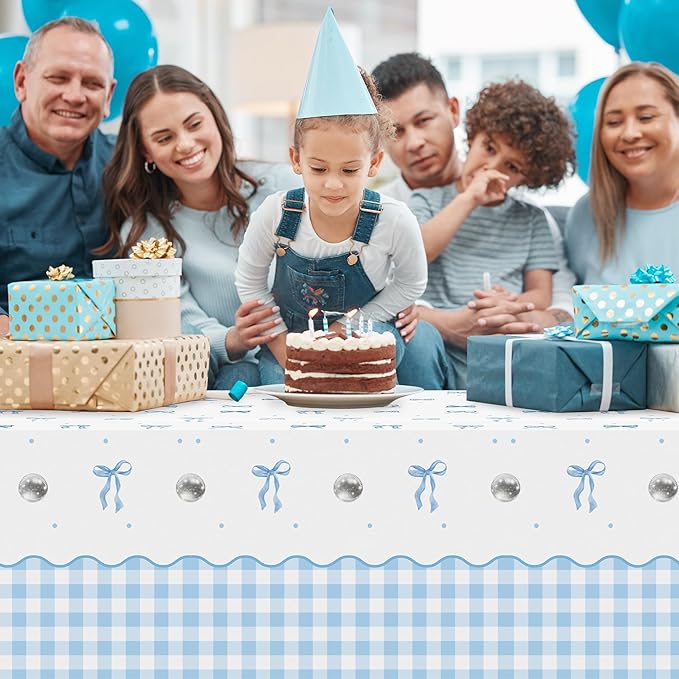Blue Bow Party Tablecloths - 3Pcs Watercolor Blue Bow Birthday Table Cover, Disposable Plastic Rectangular Table Cloth Party Decorations for Birthday Baby Shower Wedding Supplies
