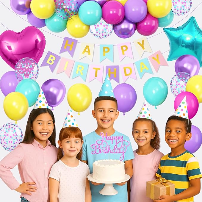 Pink Blue Purple Birthday Decorations for Women Girls, Hot Pink Blue Latex Balloon Decor Happy Birthday Banner Star Heart Foil Balloons Cake Topper Party Supplies