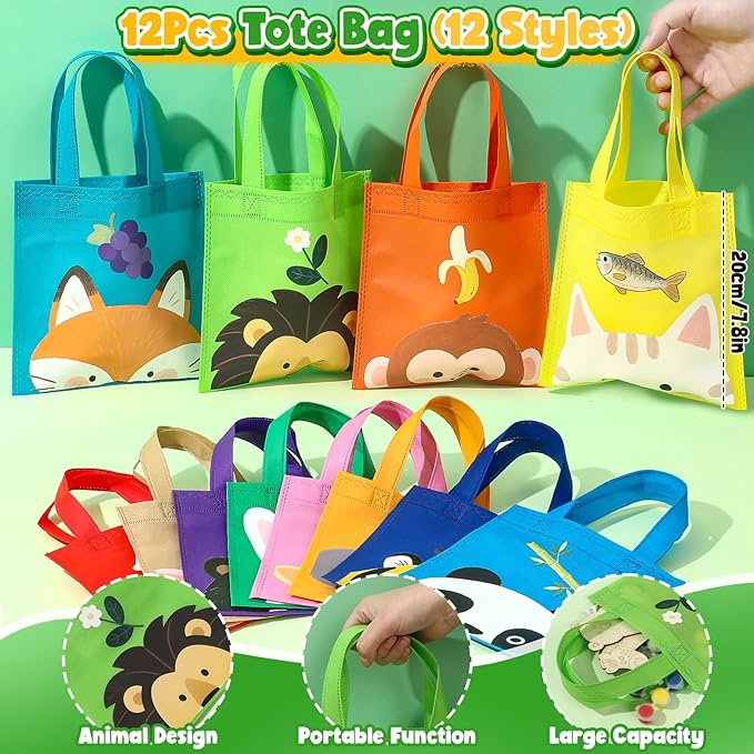 Winrayk 136Pcs Safari Party Favors Jungle Birthday Supplies for Kids, Wooden Painting Kit with Card/ Tote Bag/ Paper Glasses/ Keychain/ Tattoo Sticker/ Animal Sticker, Wild One Party Favors Decor