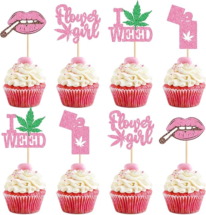 Ercadio 24 PCS Have a Dope Birthday Cupcake Toppers Pink Pot Leaf Weed Leaves Cupcake Picks Marijuana Dope Themed For Smoking Enthusiast Girl Birthday Party Supplies