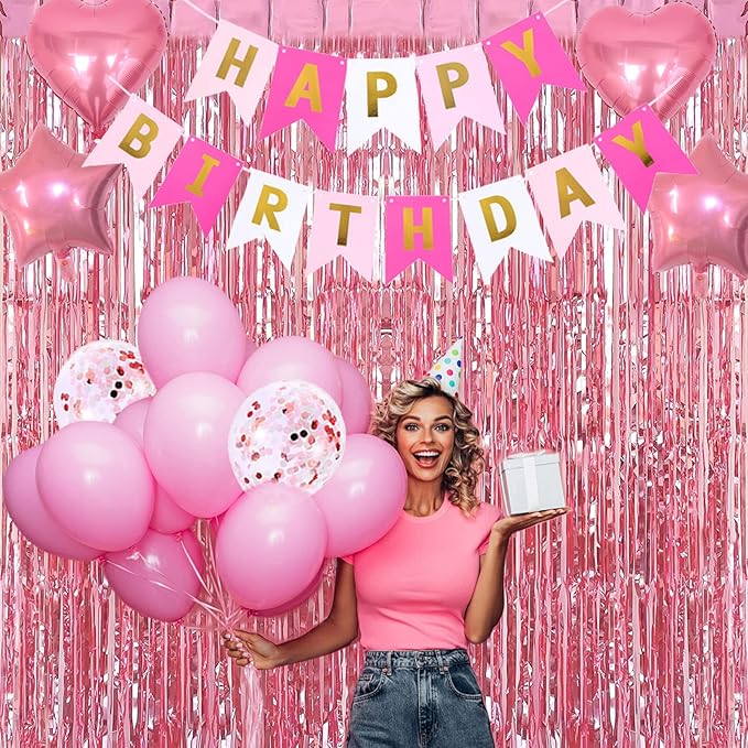 Pink Gold Birthday Party Decorations, Happy Birthday Banner, Pink Fringe Curtain, Heart Star Foil Confetti Balloons, Hanging Swirls for Women Girls Birthdays Princess Party
