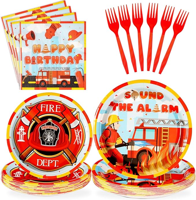 Grencian 96Pcs Firefighter Birthday Party Decorations Fire Truck Party Plates Disposable Firetruck Birthday Paper Tableware Set for Kids Fireman Fire Truck Supplies, Serves 24