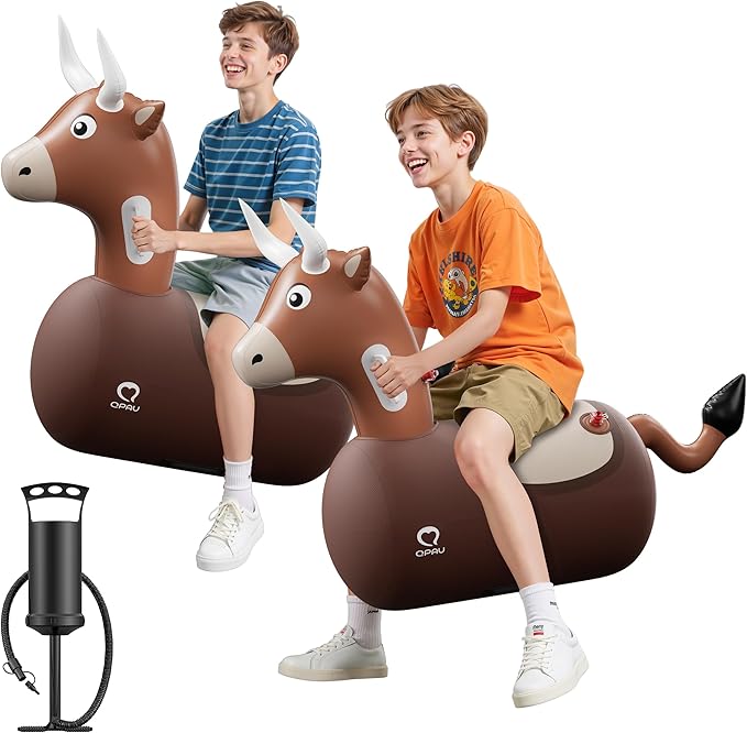 QPAU 2 Pack Large Inflatable Bull Hopper Bouncy Toy, 250lbs High Capacity Ride-on Animal for Kids & Adults, Soft Fabric Cover & Pump, Durable Puncture-Resistant Bouncer for Family Party Gift