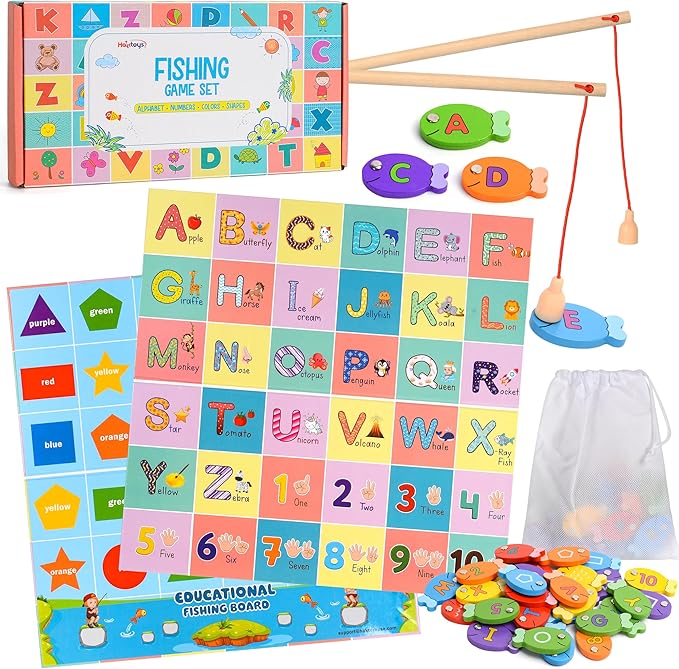 Haktoys Fishing Alphabet Game for Toddlers and Kids Learn ABCs Numbers Colors and Shapes Magnetic Fishing Toy Montessori Educational Learning Game