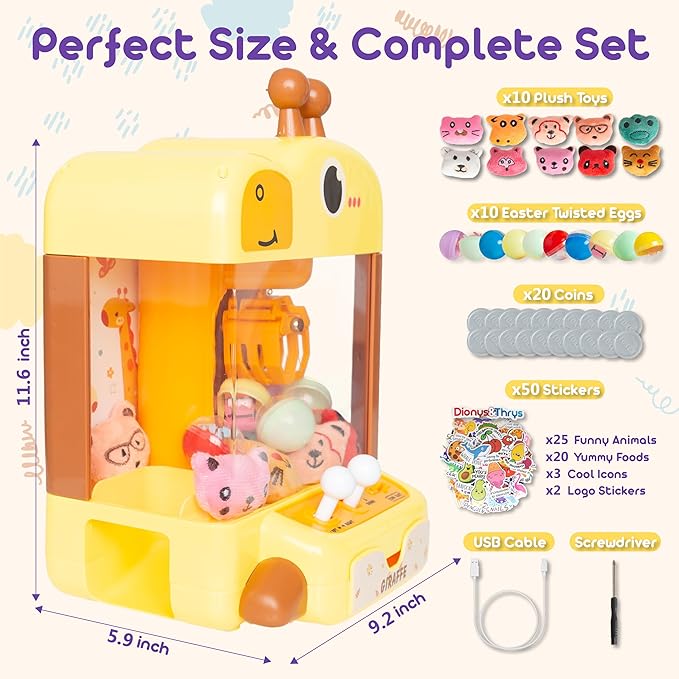 Claw Machine for Kids - Mini Arcade Game - Vending Machine - Candy Grabber Toys - Silent Mode, Lights, USB - Plush Toys & Easter Eggs, Surprise Stickers - Fun Gift for Kids, Boys & Girls (Giraffe)