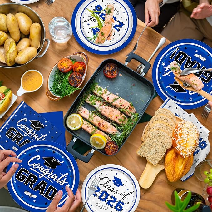 Graduation Blue Party Supplies Kit Dinner Plates Dessert Plates and Napkins for Congrats Grad Party Decorations, Serves 50