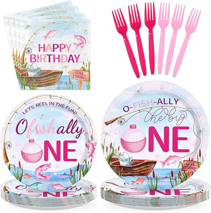 96 Pcs Ofishally One Birthday Decorations Gone Fishing 1st Party Plates and Napkins Set O Fishally First Birthday Decoration for Girls Baby Shower Little Fisherman One Years Old Supplies Serve 24