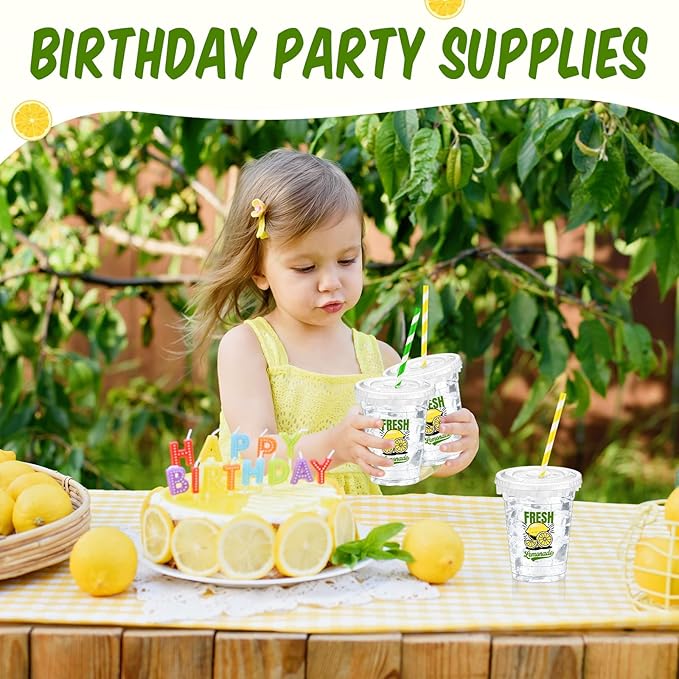 Domensi 50 Sets Lemon Disposable Plastic Cups 12 oz Lemonade Thick Clear Cups with Lids Straws Decoration for Iced Lemonade Juice Water Summer Party Favors Gift
