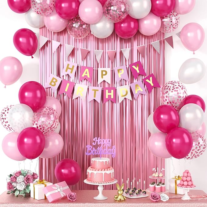 Pink Birthday Decorations, Happy Birthday Party Decorations For Girl Women With Confetti Balloons Hot Pink Pearl White Balloon Fringe Curtain Triangle Flag Banner Cake Topper For Party Supplies