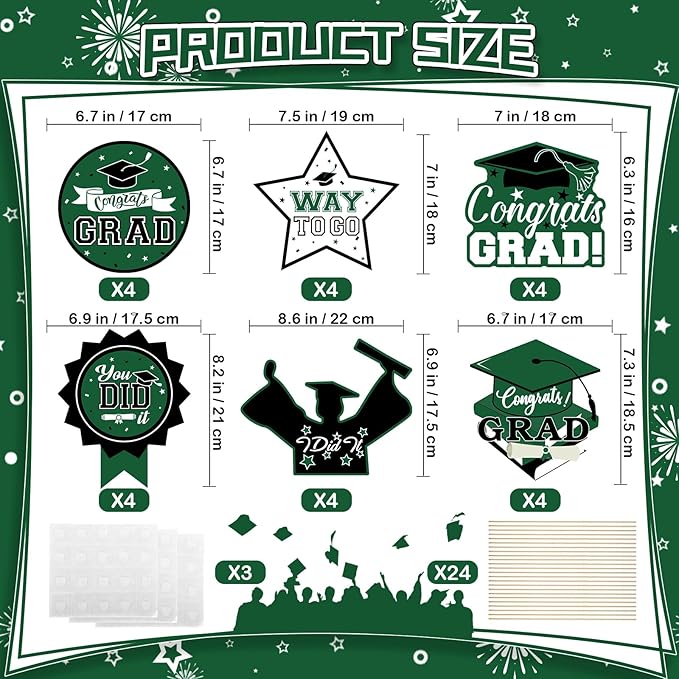 24Pcs Graduation Party Decorations Class of 2026, Graduation Centerpieces for Tables, 2026 Congrats Grad Party Centerpiece Stick Table Toppers for Graduation Party Supplies (Green)