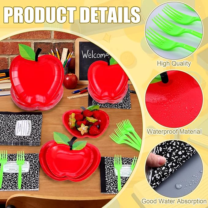 122 Pcs Back to School Party Supplies Set for 24 Guests, 9 Inch 7 Inch Apple Paper Plates Napkins and Forks School Theme Tableware Set for Teacher Appreciation Classroom Party Decorations