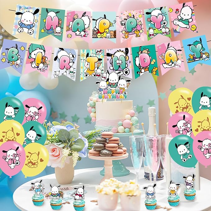 Pochacco Themed Birthday Party Supplies - Kawaii Pochacco Balloons, Cupcake & Cake Toppers
