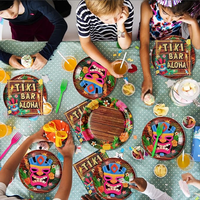Grencian 96Pcs Hawaiian Tiki Party Supplies Tiki Party Plates Disposable 350GSM Hawaiian Aloha Paper Tableware Set for Jungle Tropical Beach Birthday Baby Shower Pool Picnic Decorations, Serves 24
