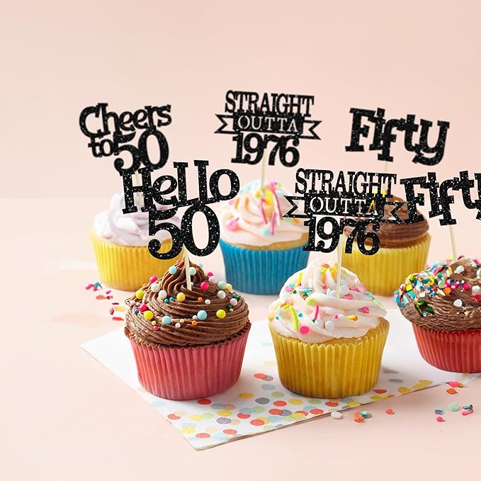 Ephlyn 24Pcs Happy 50th Birthday Cupcake Toppers Glitter Straight Outta 1976 Cupcake Picks Hello 50 Cheers to 50 Years Birthday Cake Decorations for 50th Birthday Anniversary Party Supplies Black