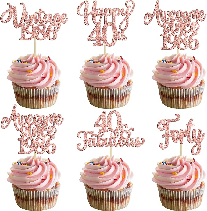 30Pcs Vintage 1986 Cupcake Toppers Glitter Forty 40 Fabulous Happy 40th Birthday Cupcake Picks Cheers to 40 Years for 40th Birthday Anniversary Party Cake Decorations Supplies Rose Gold