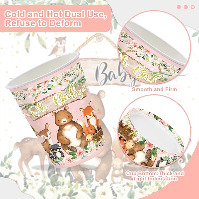 120PCS Woodland Party Supplies for Girls Baby Shower Pink Wild Animal Decorations Plates Napkin Cups Forks Knives Tableware Set for 20 Guests