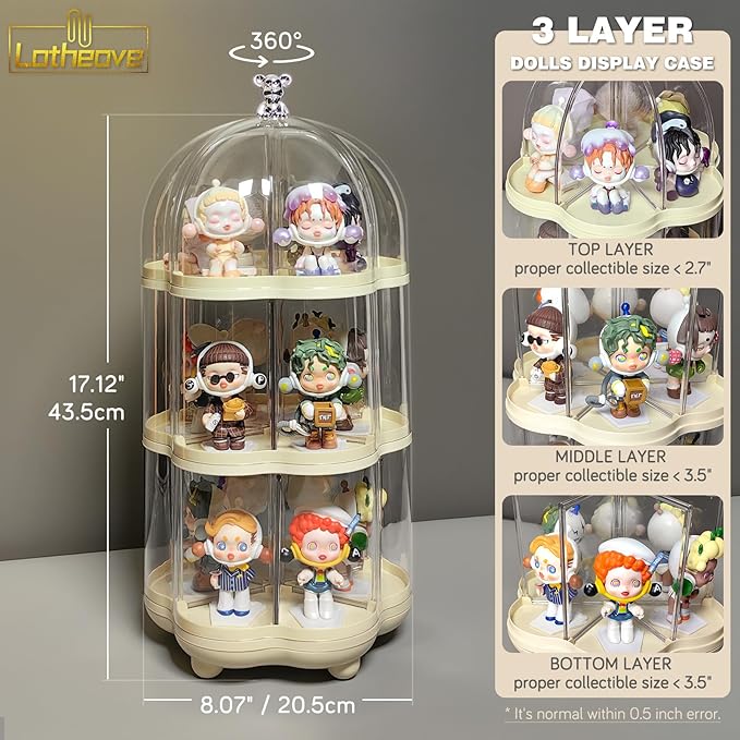 Rotating Clear Acrylic Display Case for Pop Mart, Funko Pop Figure Toys Storage Box Transparent Blind Box Organizer Stand Dustproof Protection Showcase（3 levels）