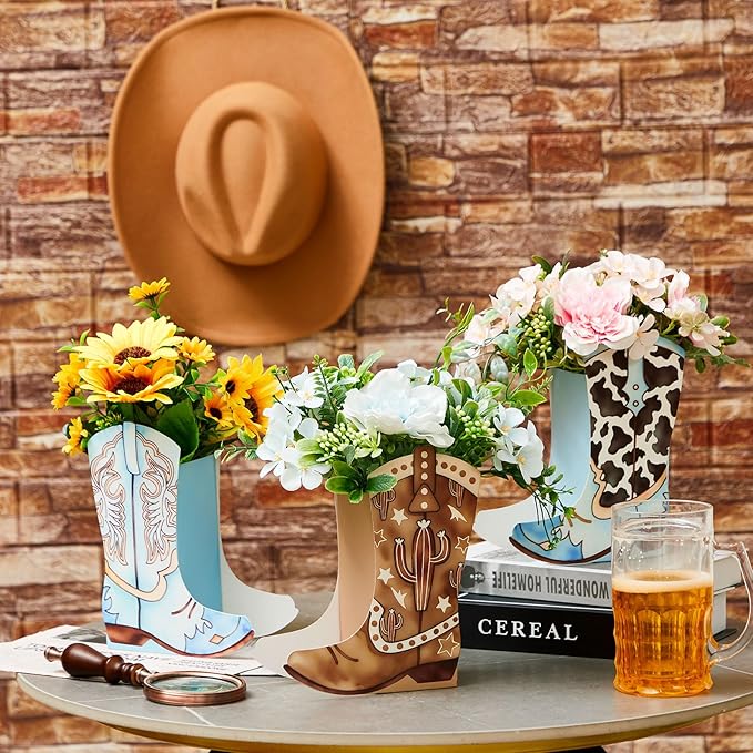 12 Set Western Boots Flower Boxes Centerpiece Boot Shape Gift Boxes Party Decoration Vase Centerpieces for Tables Boots Rodeo Birthday Baby Shower Supplies(Western Blue,Cow)