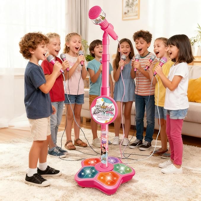 Kids Microphone with Stand,Microphone for Kids,Musical Toys All-in-One Microphones Toy for Girls with Stand, Got Built-in Music, Colorful Lights, Echo Effects (Black)