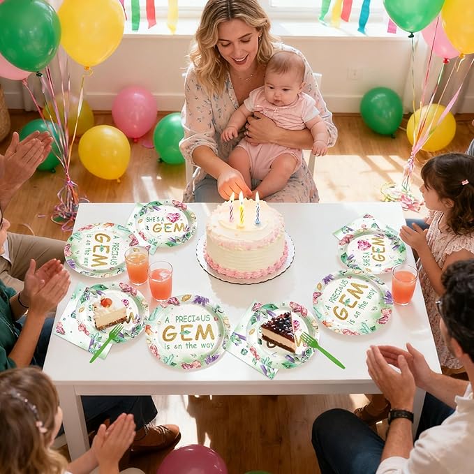 96Pcs Gem Stone Baby Shower Party Supplies She is a Gem Plates and Napkins Green Crystal Jewel Tableware Sets Glitter Jewel Geology Themed Decor for Baby Shower Newborn Girl Birthday Party Serve 24