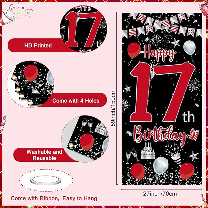 17th Birthday Decorations for Boys, Red Black Happy 17th Birthday Balloons Decorations for Girls, Boy 17 Year Old Door Banner, Triangle Flag, Large 17 Balloons Decor for 17 Bday Party Supplies