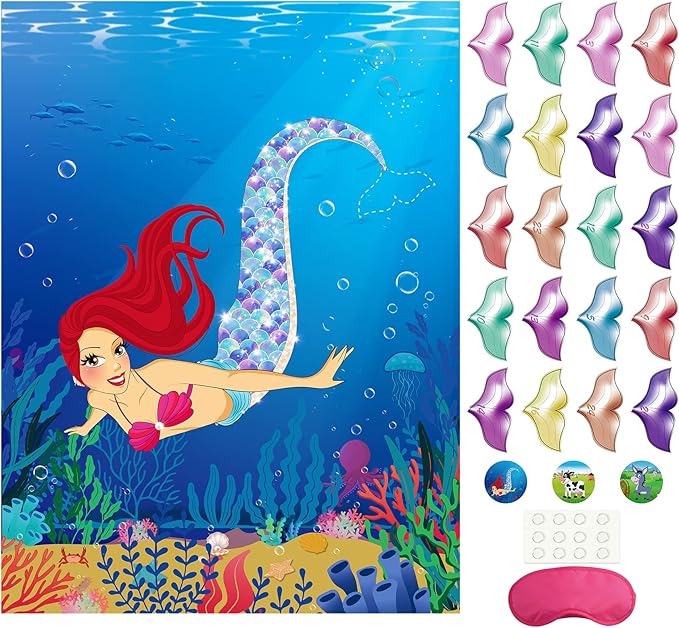 Morcheiong Pin The Tail on The Mermaid Birthday Party Game with 48pcs Tails for Kids Mermaid Birthday Supplies Decorations Favors