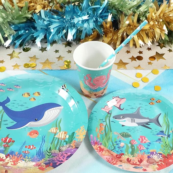 Under the Sea Birthday Party Supplies Decorations, Ocean Theme Paper Plates and Napkins Set for 24 Guests, 120 Pcs Disposable Sea Animals Party Dessert Dinnerwares