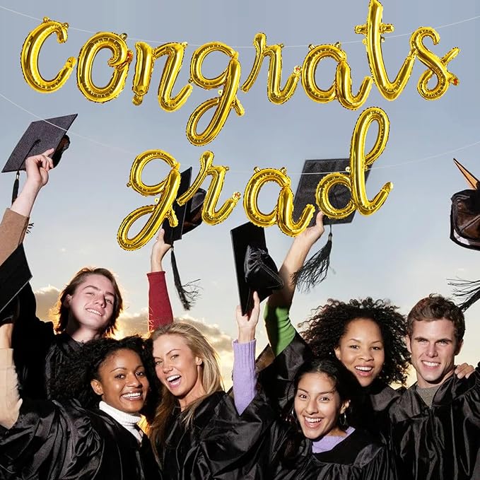 TONIFUL 2026 Congrats Grad Balloons - 16 Inch Cursive Gold Congrats Foil Balloons Banner Reusable Material for Graduation Party Graduate Congratulations 2026 Congrats Grad Decorations