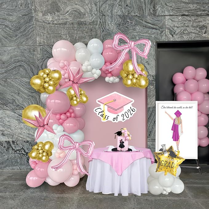 Pink and White Gold Grad Balloon garland arch kit 140pcs With Large Gold pink Star Bow balloons for 2025 graduations decorations Prom girl's birthday party supplies