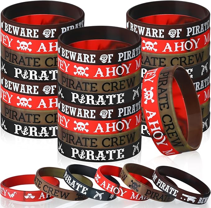 Capoda 48 Pcs Pirate Silicone Bracelets Ahoy Matey Caribbean Rubber Wristbands Skull Pirate Ship Party Favors for Girls Boys Birthday Decorations Halloween Party Supplies