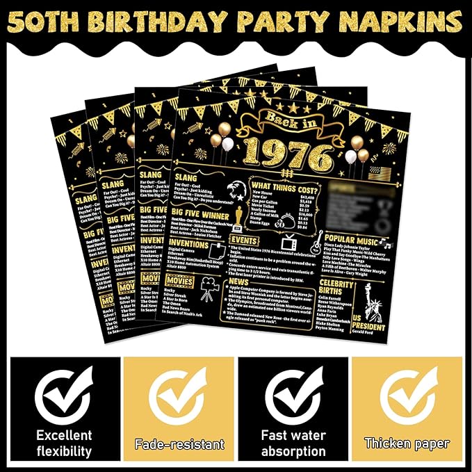 CHUNNIN 96Pcs 50th Birthday Plates and Napkins Back in 1976 Party Decorations Black Gold 50 Year Old Party Dessert Plates 1976 Disposable Tableware for 50th Theme Men Woman Birthday Supplies